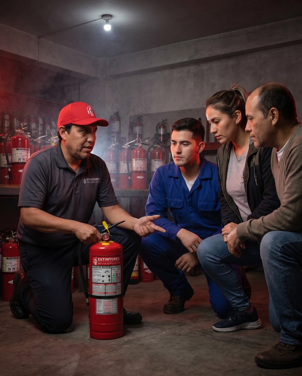 Jorge, propietario de Extintores Rivasplata, capacitando a un grupo sobre el uso correcto de extintores