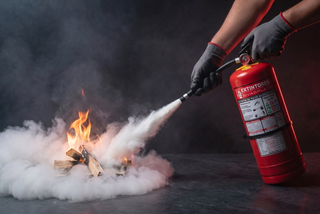 Persona usando correctamente un extintor ABC, descargando hacia la base del fuego — Extintores Rivasplata