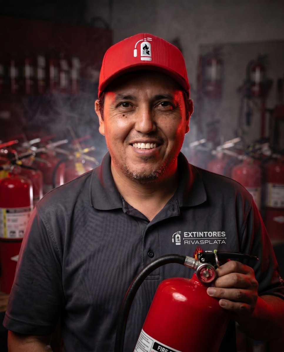 Jorge, propietario de Extintores Rivasplata, con extintor ABC certificado