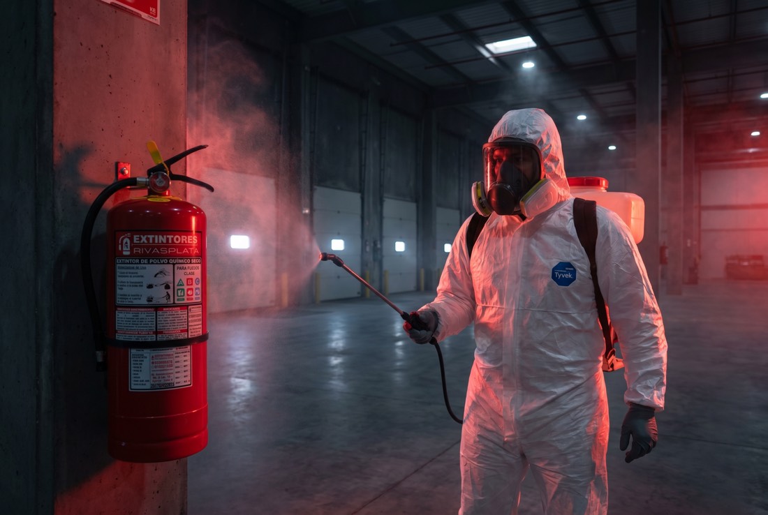 Técnico realizando un servicio de fumigación en un local comercial — Extintores Rivasplata