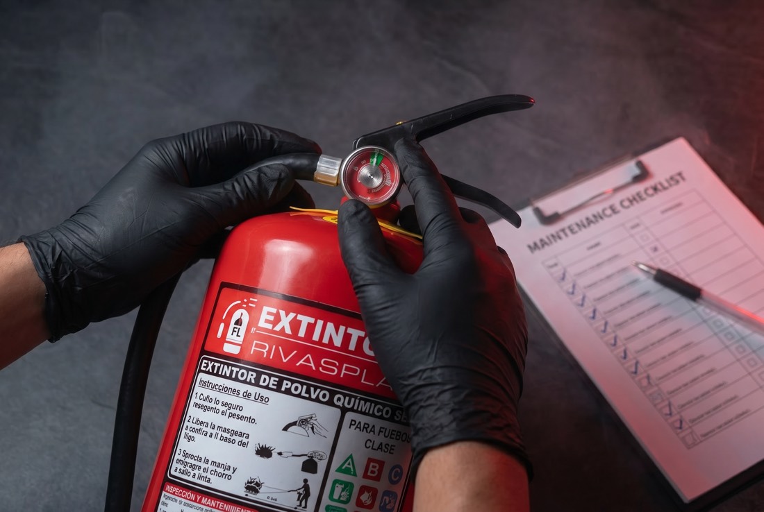 Inspección del manómetro de un extintor durante el mantenimiento — Extintores Rivasplata