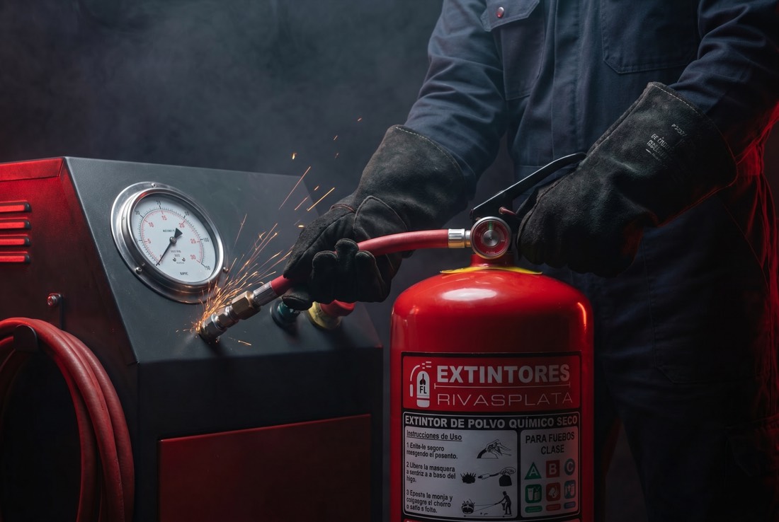 Técnico recargando un extintor en el taller — Extintores Rivasplata