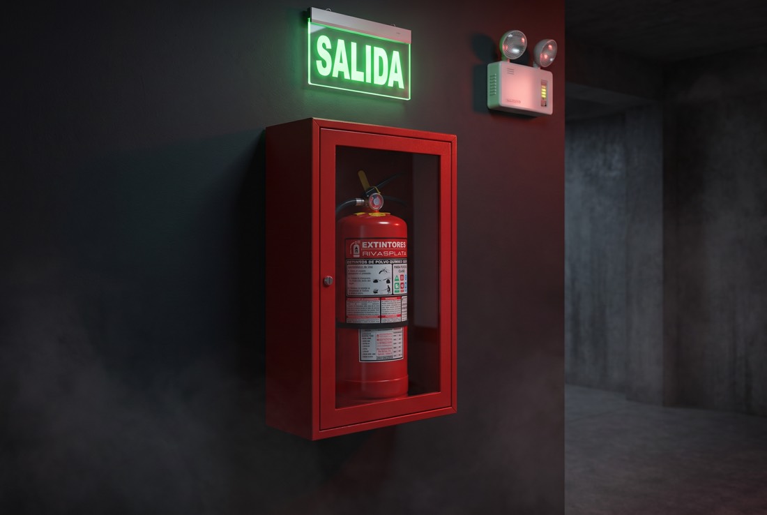 Gabinete contra incendio con extintor y señalización de seguridad — Extintores Rivasplata