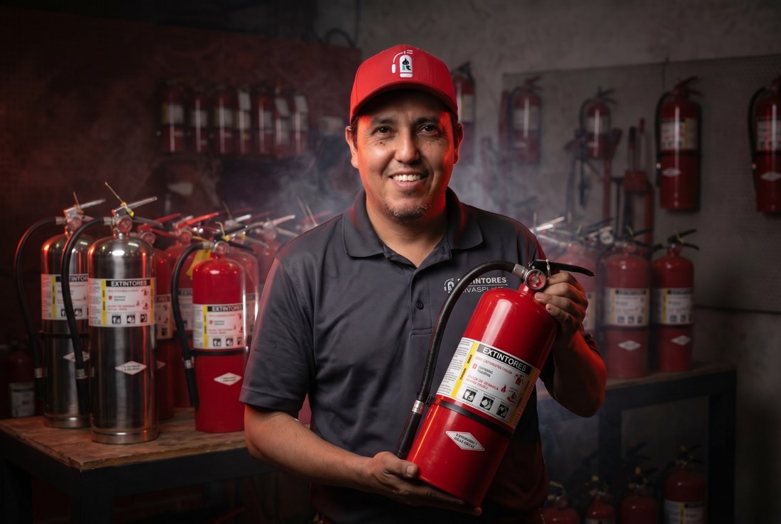 Jorge, propietario de Extintores Rivasplata, mostrando extintores nuevos certificados — Lima